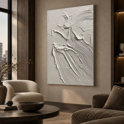 Contours After the Rain: angled between a cream chair and dark sofa beside a tall window