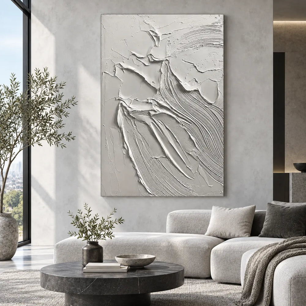 Contours After the Rain: above a pale chaise with a round black marble table