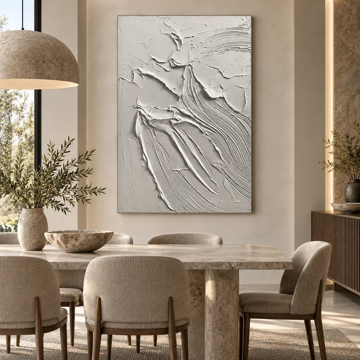 Contours After the Rain: behind a pale stone dining table beneath a textured dome pendant