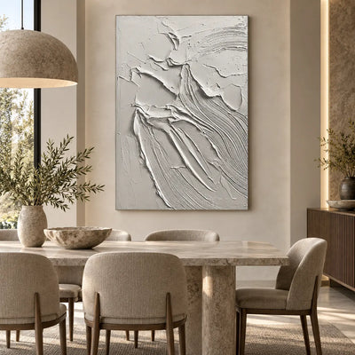 Contours After the Rain: behind a pale stone dining table beneath a textured dome pendant