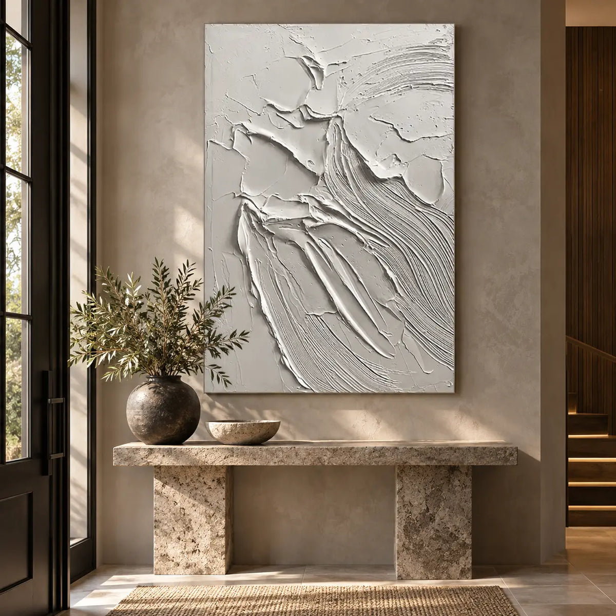 Contours After the Rain: above a stone entrance console beside a black glass door and lit steps