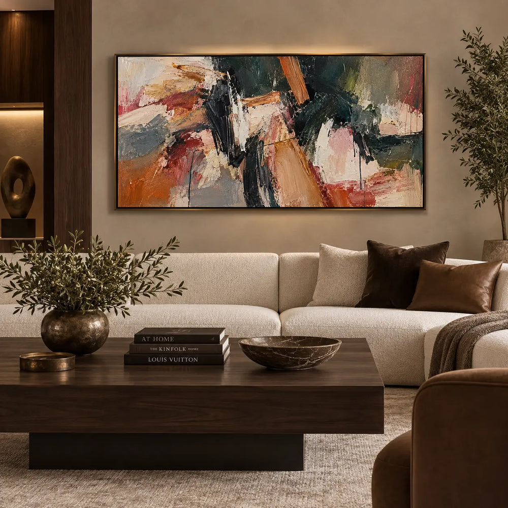 Copper Angle in Deep Green: above a cream sofa with brown cushions and a wooden table
