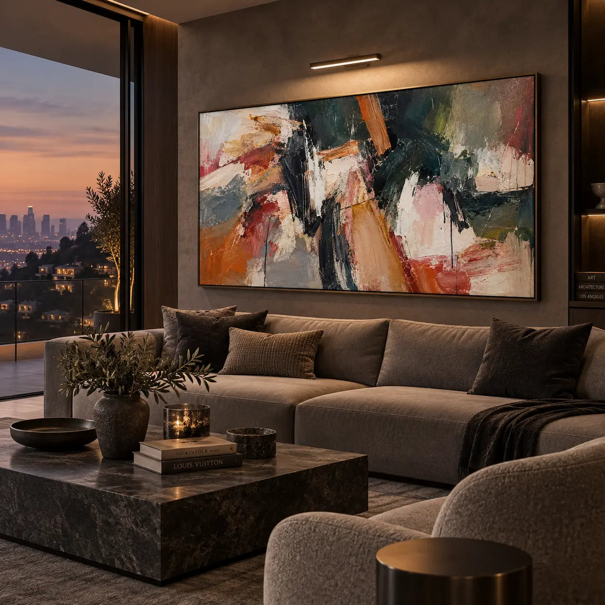 Copper Angle in Deep Green: beneath a picture light above a taupe sofa beside sunset glazing