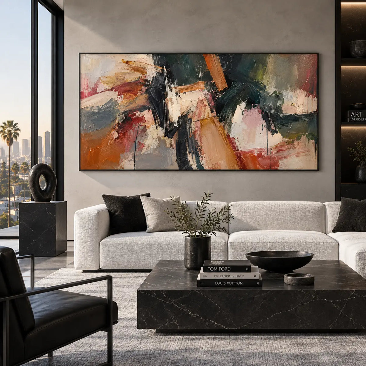 Copper Angle in Deep Green: above a white sofa with black cushions and a dark marble table