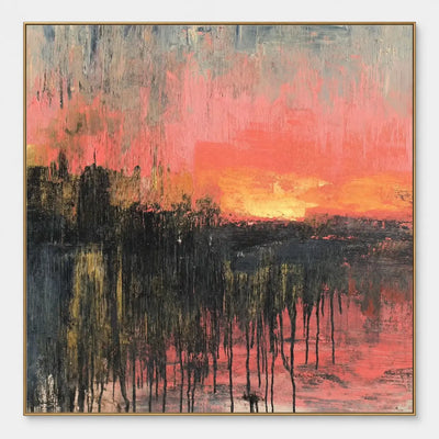 Coral Afterglow: Coral and amber light meets dark descending streaks in an abstract horizon