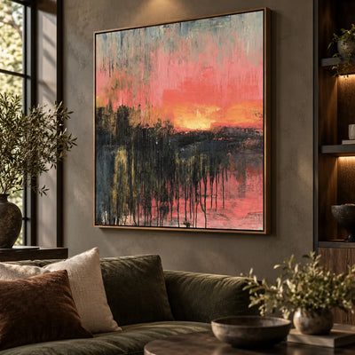 Coral Afterglow: viewed at an angle above an olive sofa beside wooden shelves