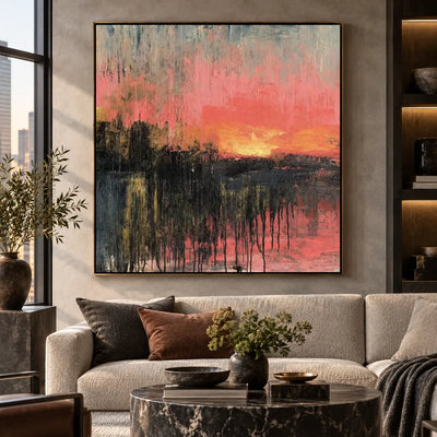 Coral Afterglow: above an ivory sofa and a round black marble table