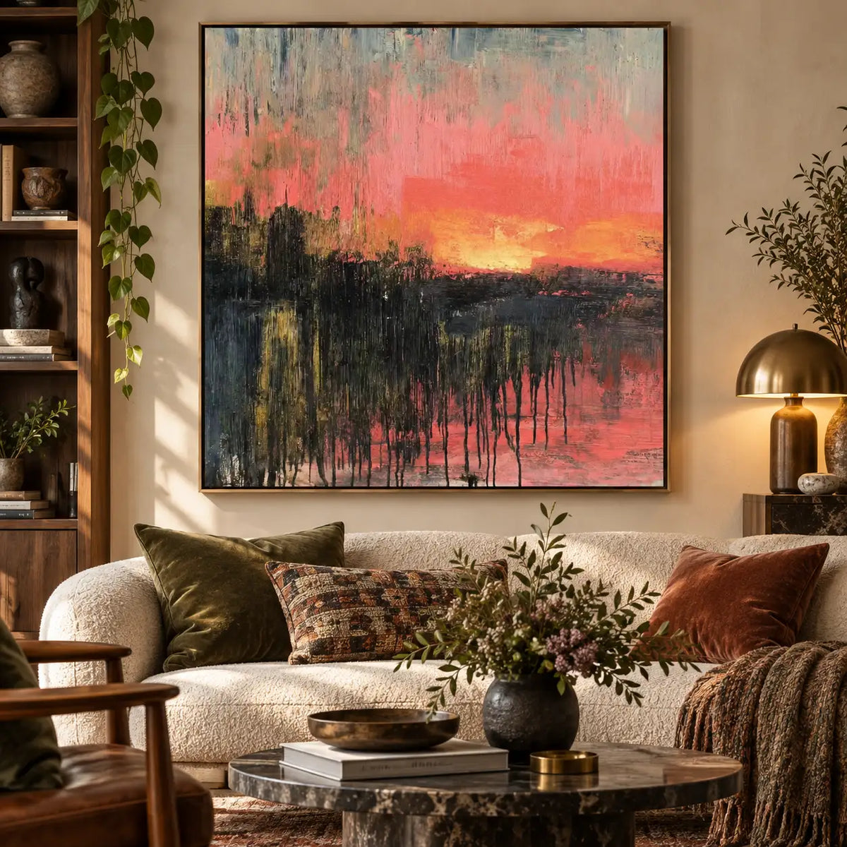 Coral Afterglow: above a cream sofa with patterned cushions beside a trailing plant