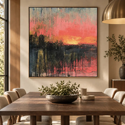 Coral Afterglow: behind a wooden dining table beneath a brass dome pendant