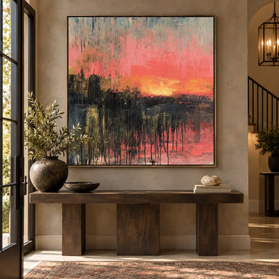 Coral Afterglow: above a wooden console near stairs and a hanging lantern