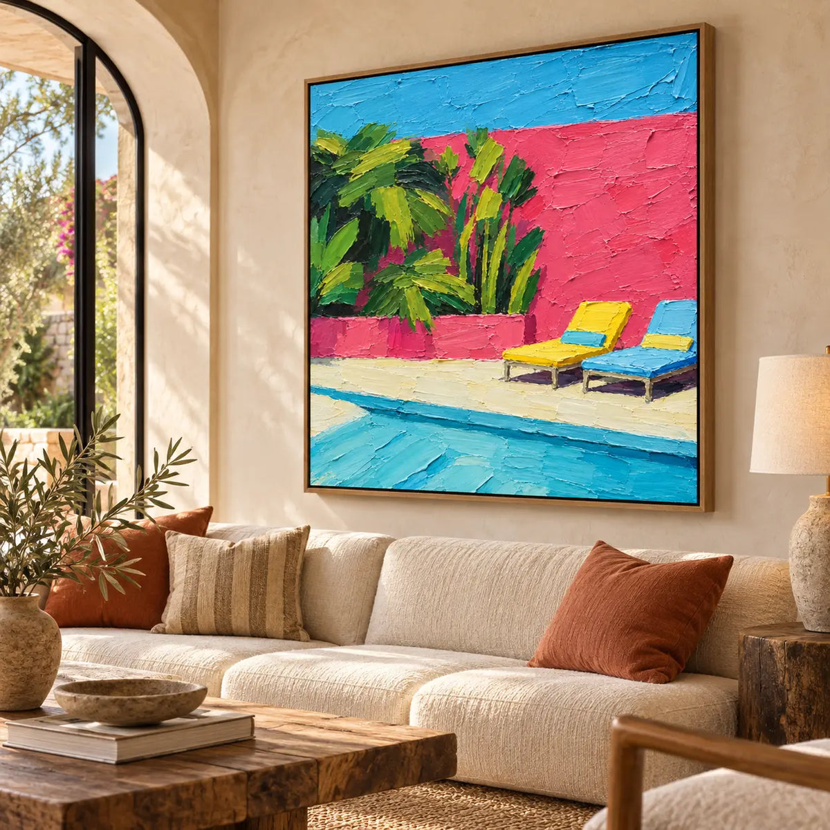 Coral Courtyard Pause above a pale sofa with a rust cushion and a woven chair