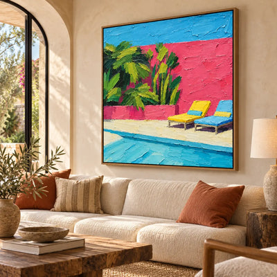 Coral Courtyard Pause above a pale sofa with a rust cushion and a woven chair