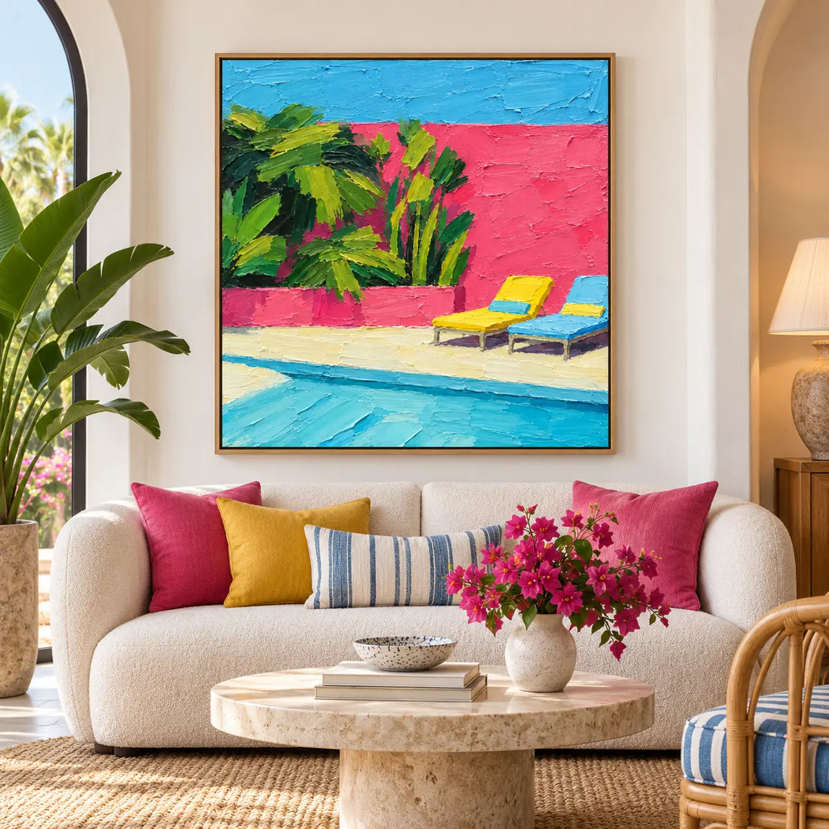 Coral Courtyard Pause above a white sofa with yellow and pink cushions beside tropical leaves