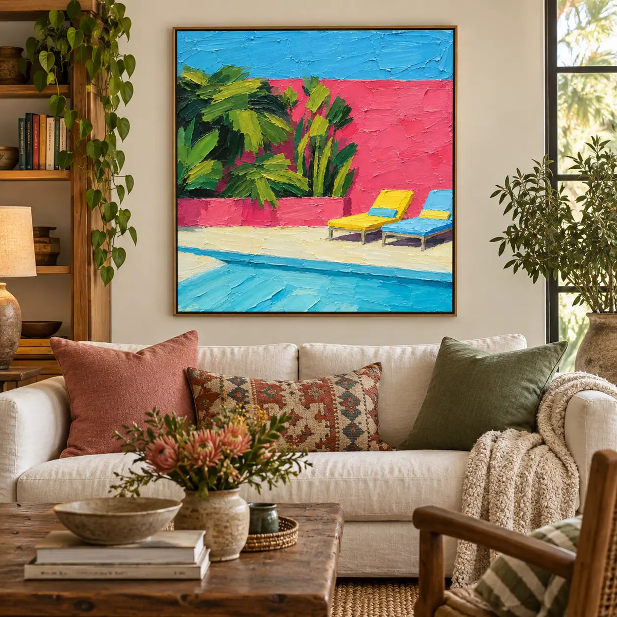 Coral Courtyard Pause above a sofa with rust cushions near shelves and a flower arrangement