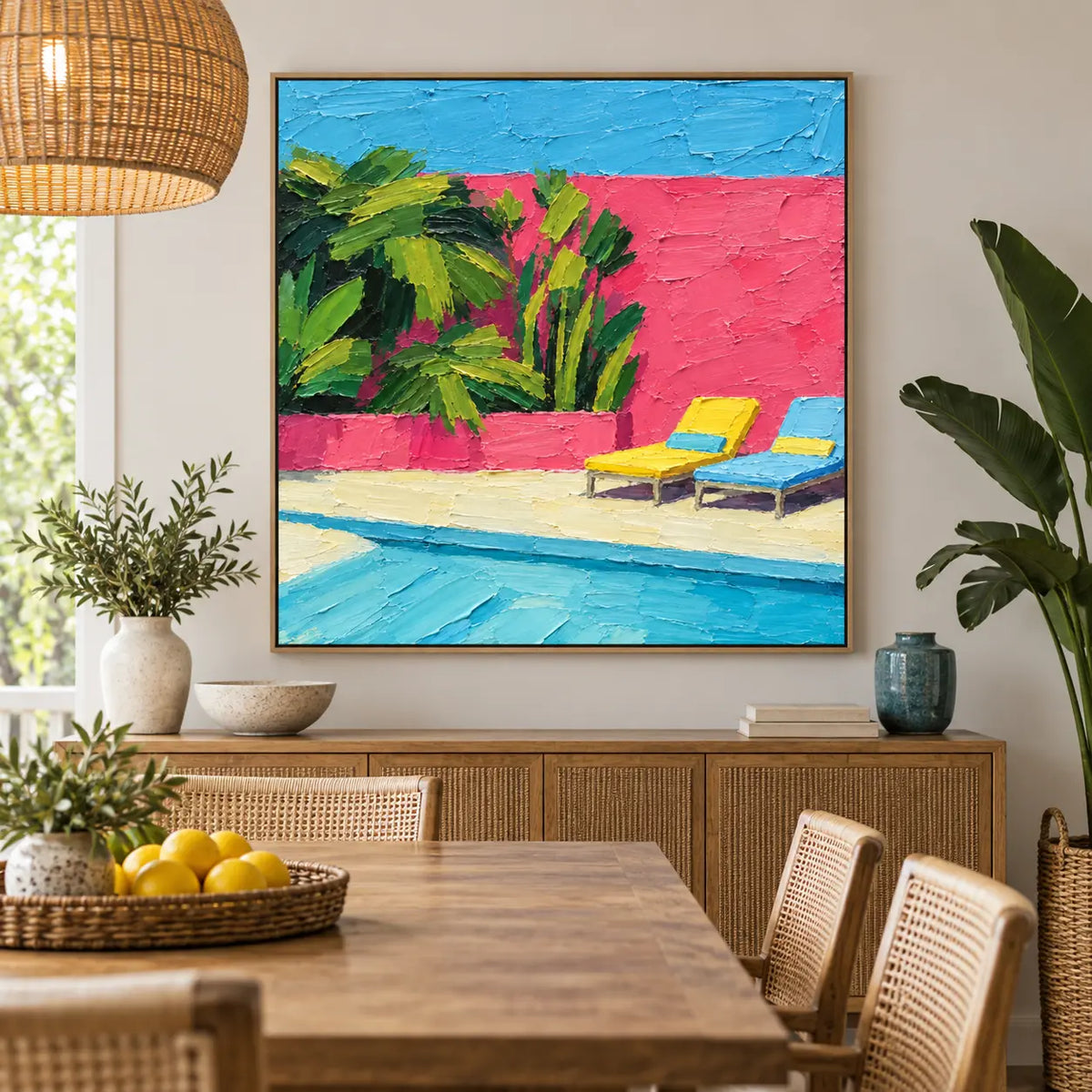 Coral Courtyard Pause above a dining sideboard beneath a woven pendant with lemons on the table