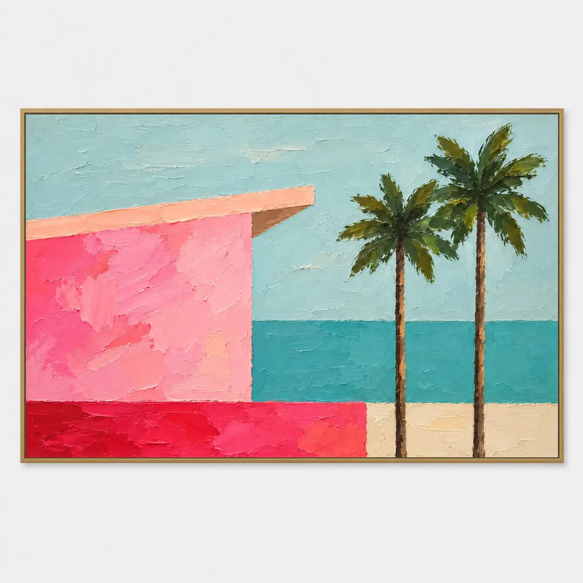 Coral Shore Pavilion: Two palms beside a pink pavilion and a turquoise sea