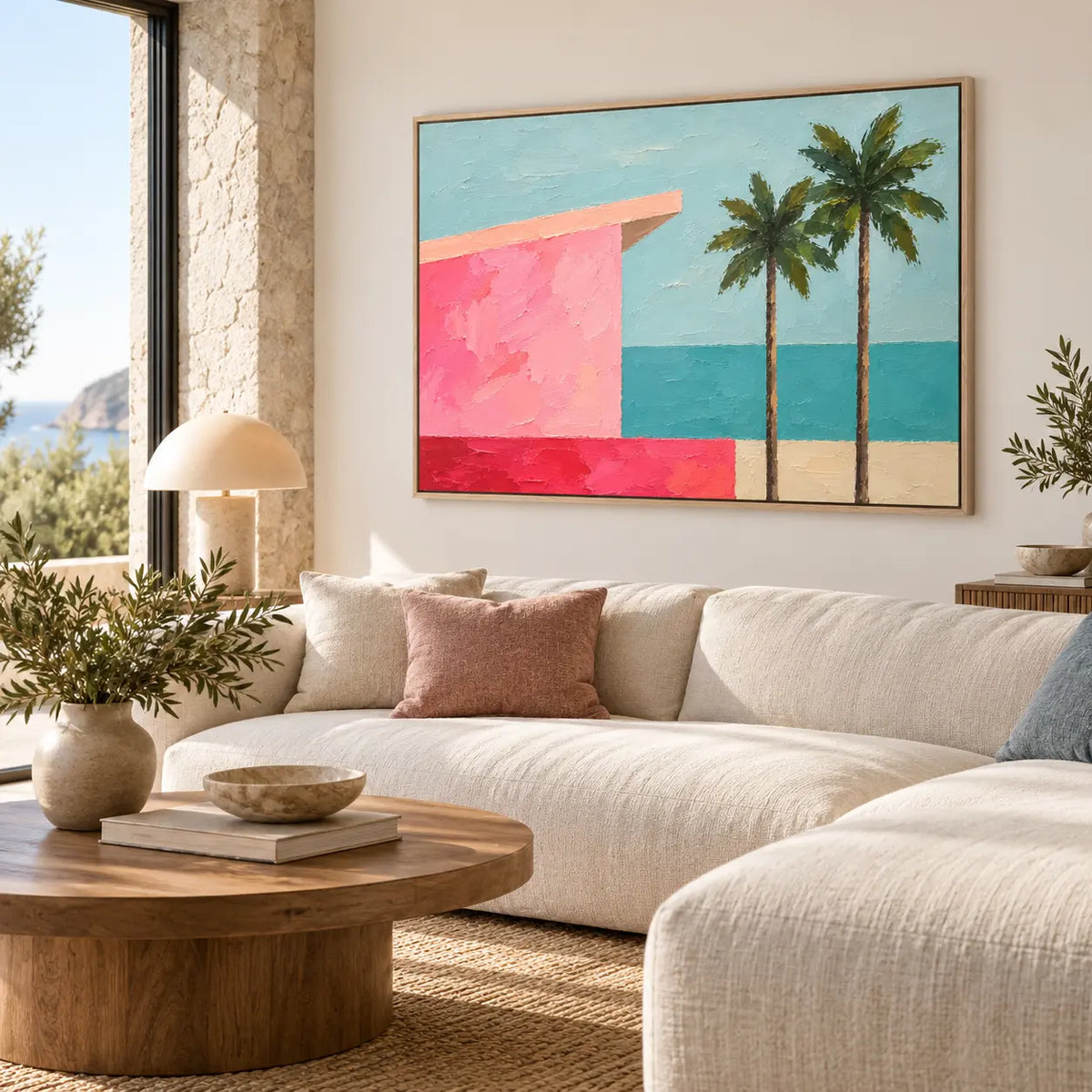 Coral Shore Pavilion above a cream sectional with blush cushions and a round wood table