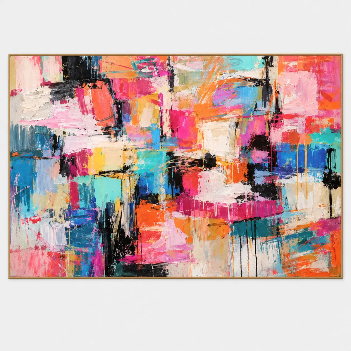 Coral Steps Through Turquoise: Turquoise blue and coral blocks step across a cream and pink field