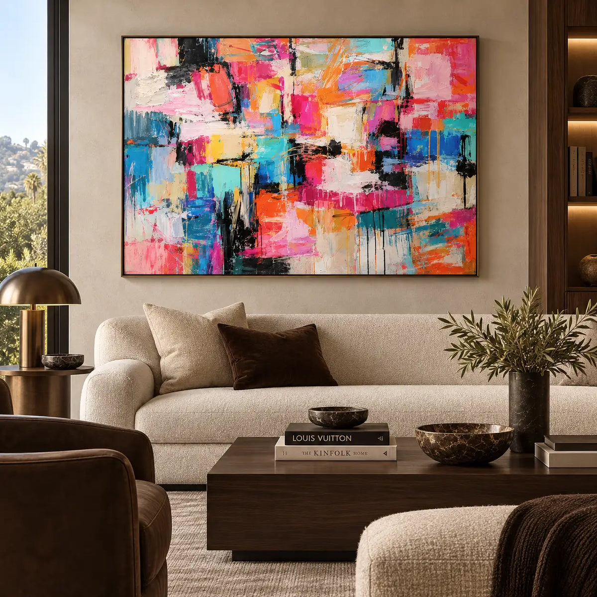 Coral Steps Through Turquoise: above a cream sofa with brown cushions and a wooden table