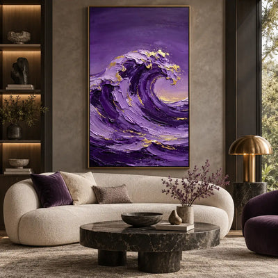 Crest of Amethyst: above a curved cream sofa beside illuminated shelves