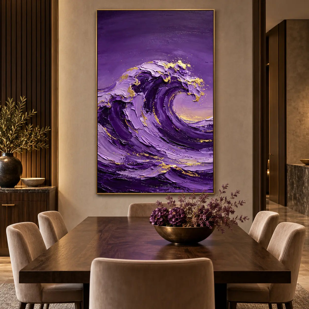 Crest of Amethyst: above a wooden dining table with purple flowers