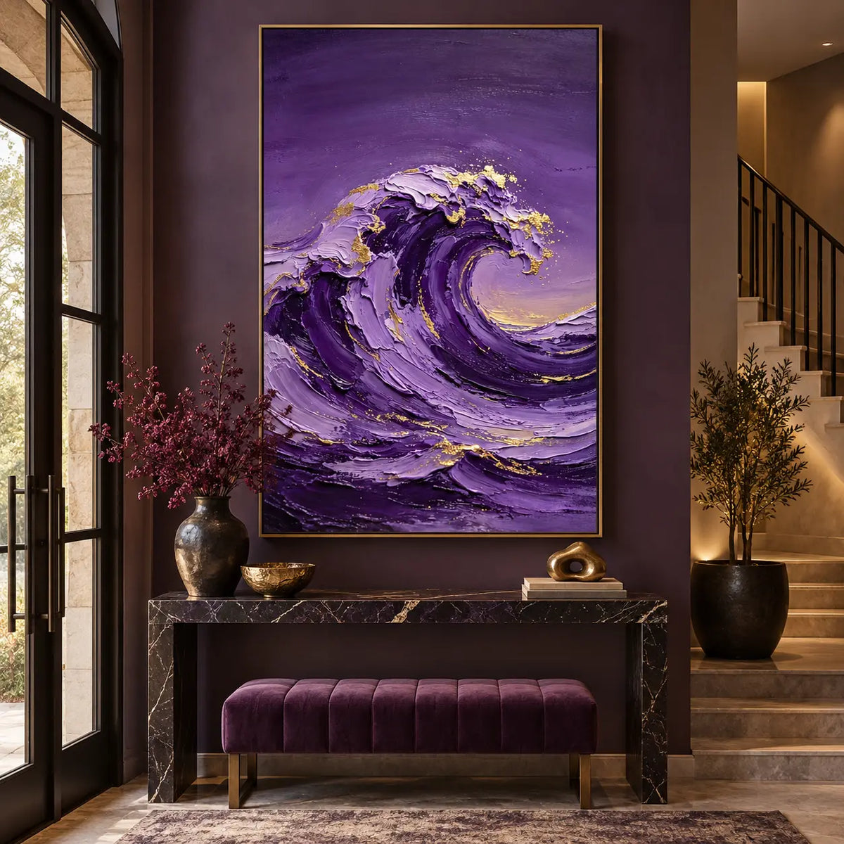 Crest of Amethyst: above a dark marble console and purple bench beside stairs