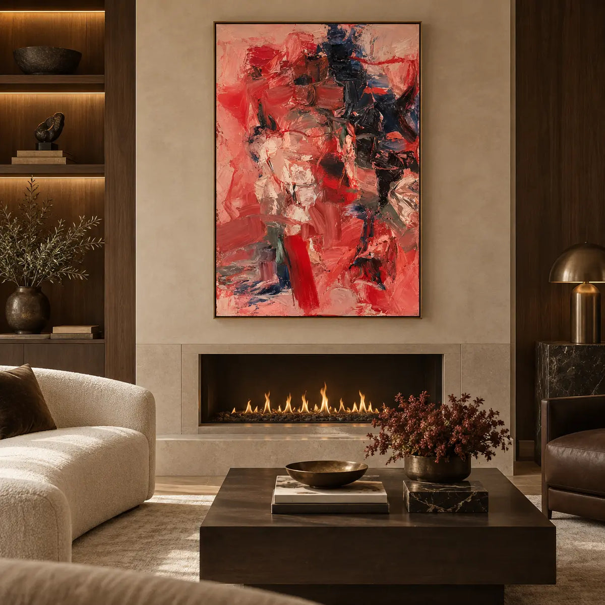Crimson Against the Night Column: above a linear fireplace with a wooden table and dark red flowers