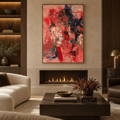 Crimson Against the Night Column: above a linear fireplace with a wooden table and dark red flowers