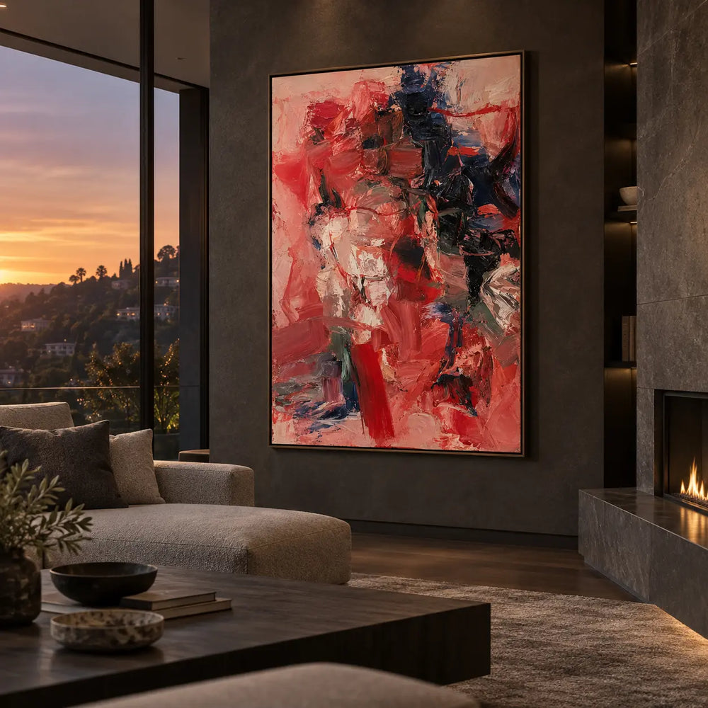 Crimson Against the Night Column: on a tall wall beside a sunset view and taupe sofa