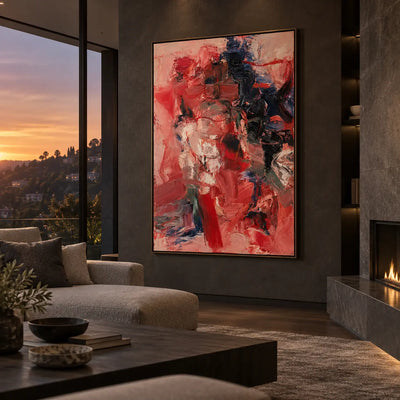 Crimson Against the Night Column: on a tall wall beside a sunset view and taupe sofa