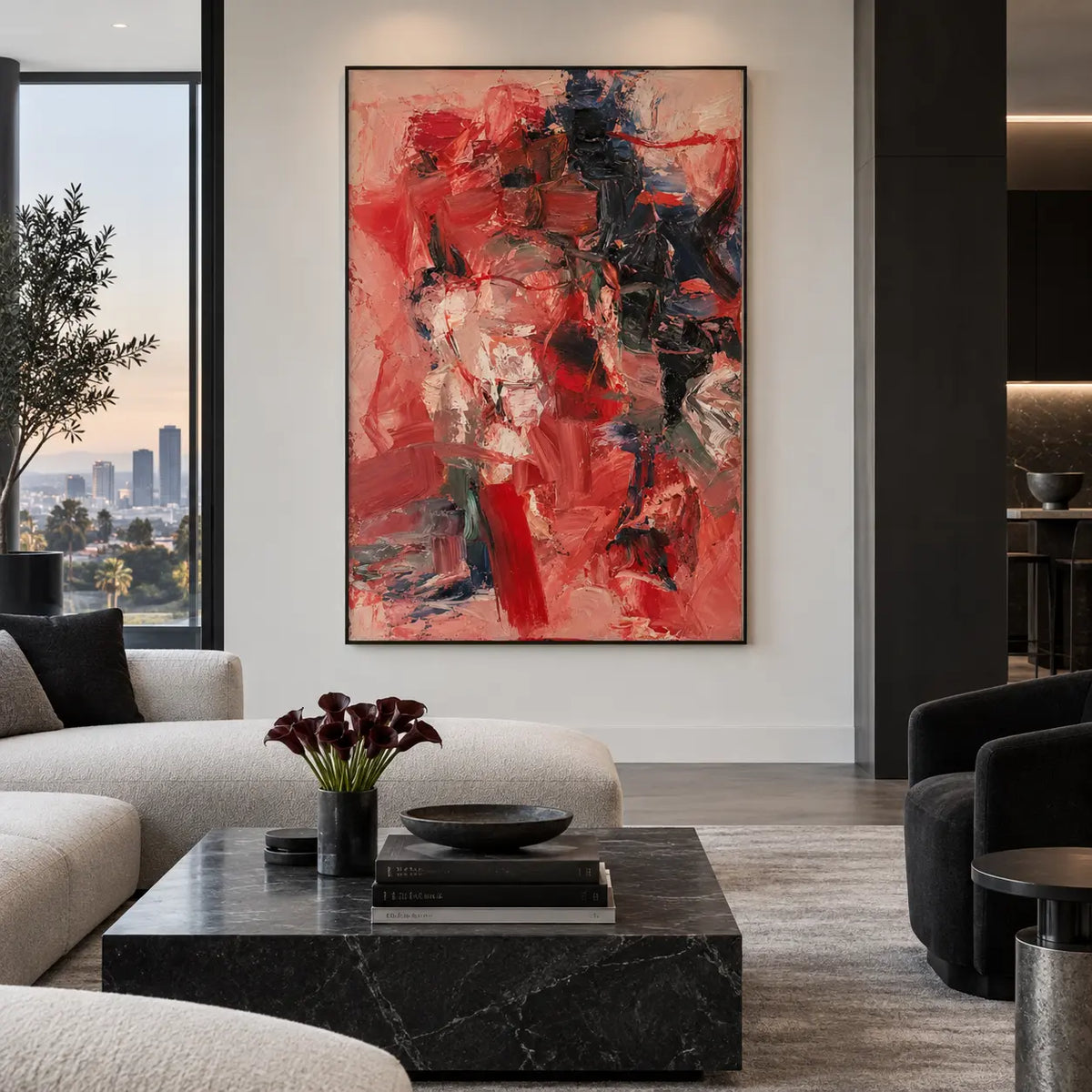 Crimson Against the Night Column: beside a black fireplace behind a marble table with purple flowers