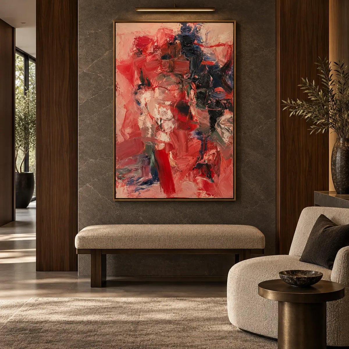 Crimson Against the Night Column: beneath a picture light above an upholstered bench