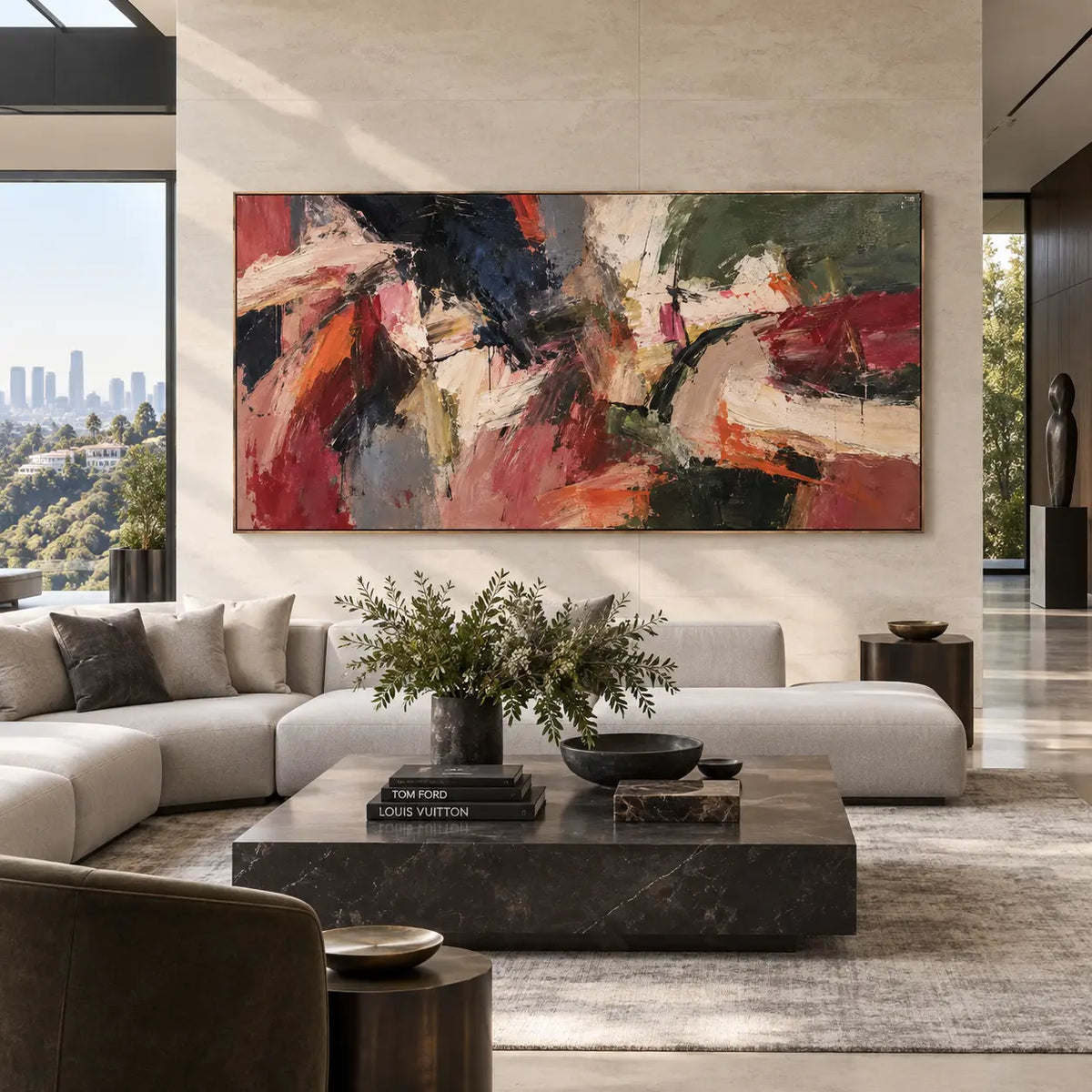 Crosscurrents of Rust and Ivory: above a white sectional beside floor-to-ceiling glazing and a leather chair
