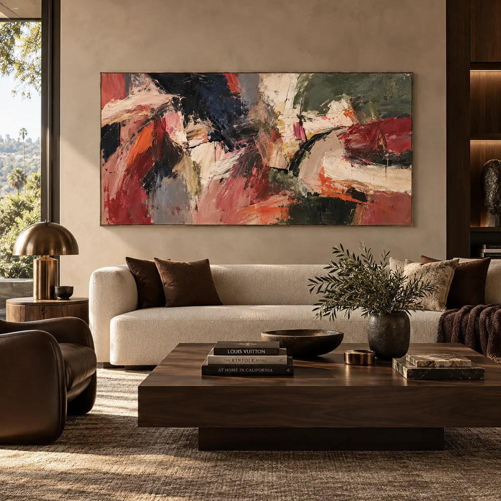 Crosscurrents of Rust and Ivory: above a cream sofa beside a brass lamp and low wood table