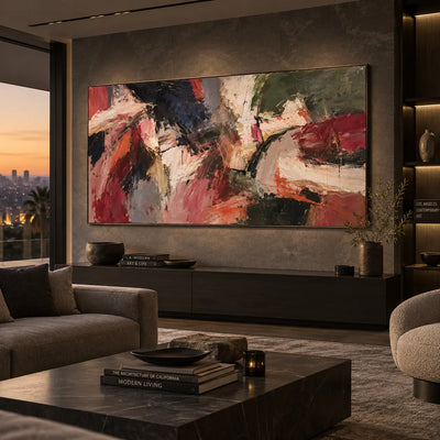 Crosscurrents of Rust and Ivory: above a long cabinet beside a sunset view and light seating