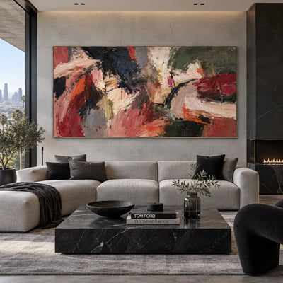 Crosscurrents of Rust and Ivory: above a pale sectional beside a black fireplace and marble table
