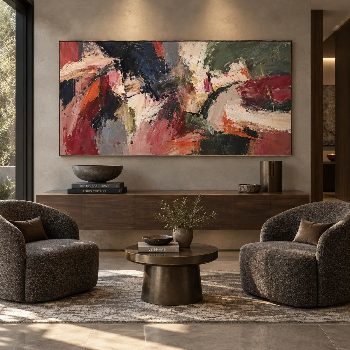 Crosscurrents of Rust and Ivory: above a low console between rounded gray chairs and a brass round table