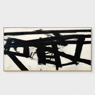 Crossing the Ivory Field: Intersecting black bands cut across an ivory ground in a wide abstract composition