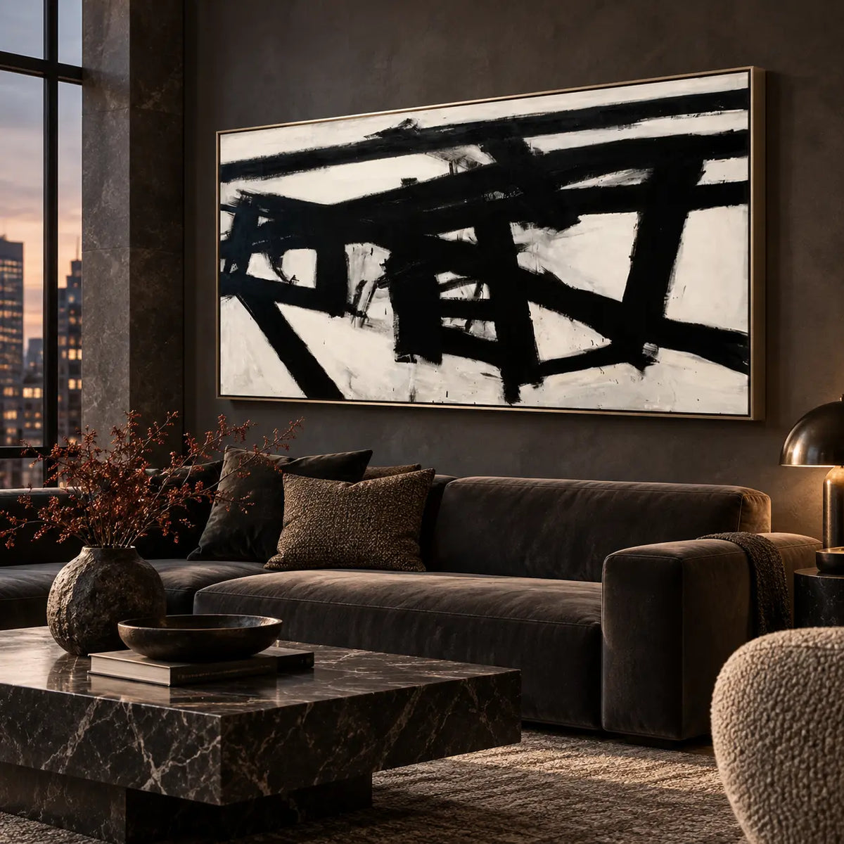 Crossing the Ivory Field: above a charcoal sofa beside a city window and marble table