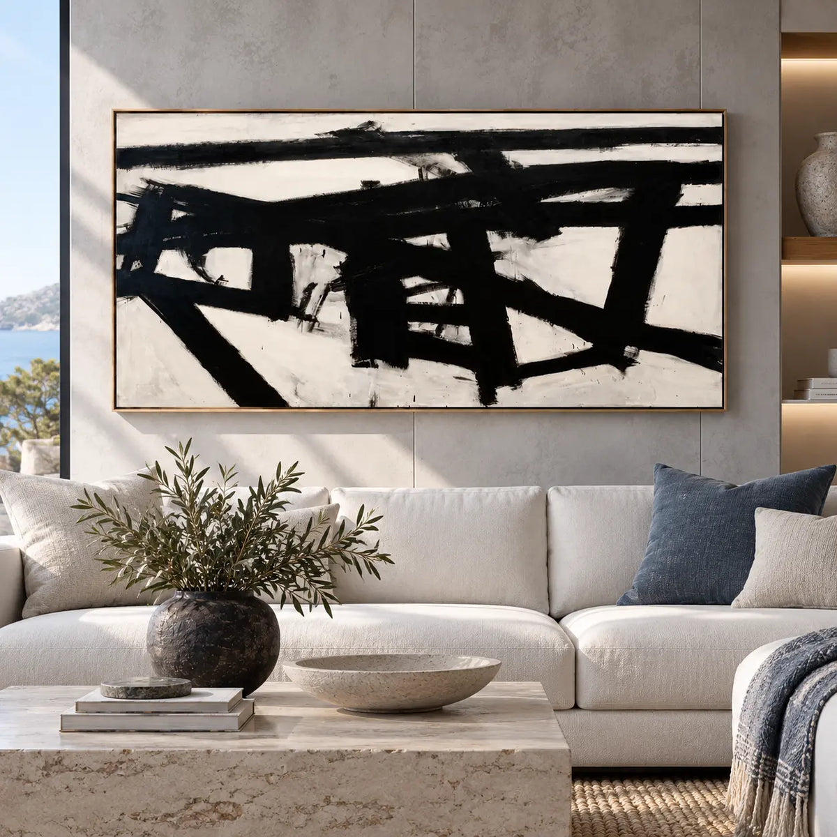 Crossing the Ivory Field: above a white sofa with a blue cushion and pale stone table