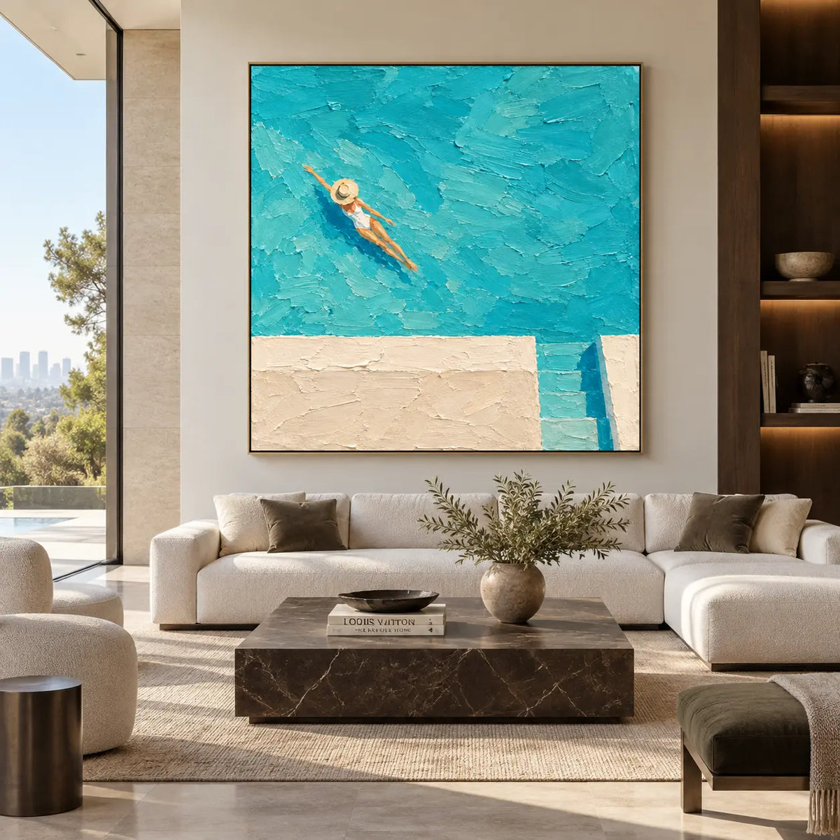 Drift Above the Pool Steps: above a cream sectional and dark rectangular coffee table