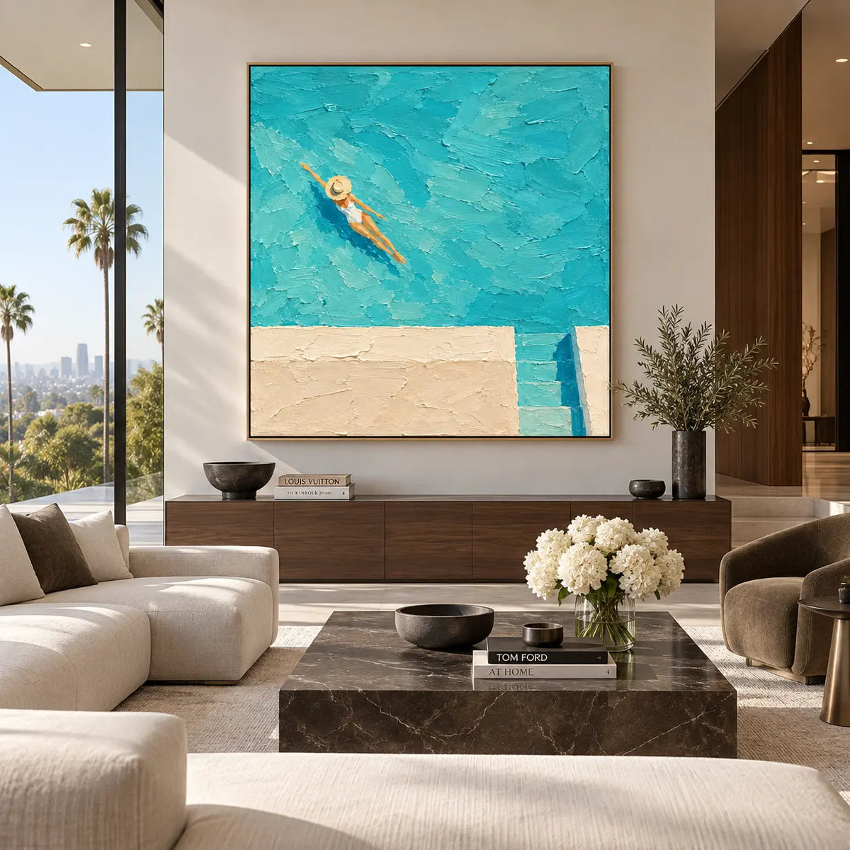 Drift Above the Pool Steps: above a long walnut console behind white seating and flowers