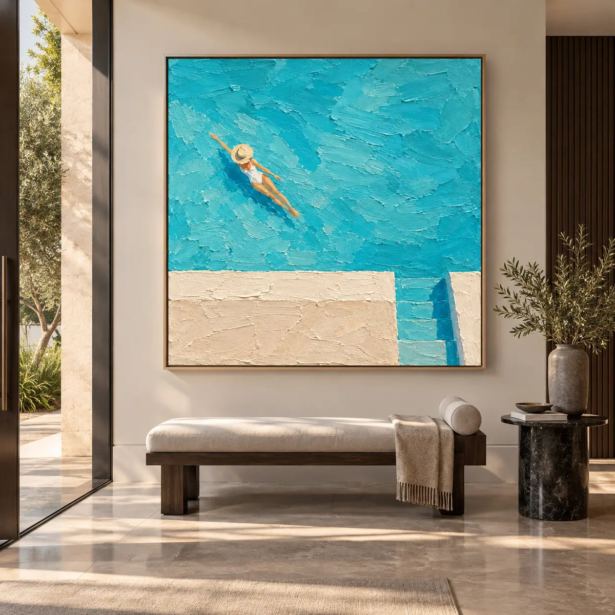 Drift Above the Pool Steps: above a cream upholstered bench beside a tall window