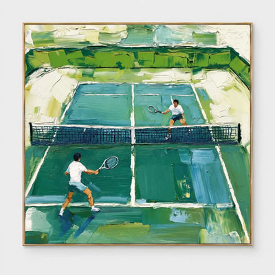 Emerald Court Rally: Two players rallying on a vivid green and blue tennis court