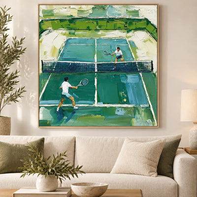 Emerald Court Rally above a cream sofa with a broad pale cushion and wood table