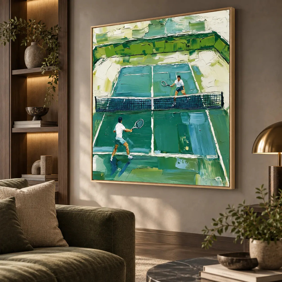 Emerald Court Rally above an olive sofa beside dark shelves and a slim brass lamp