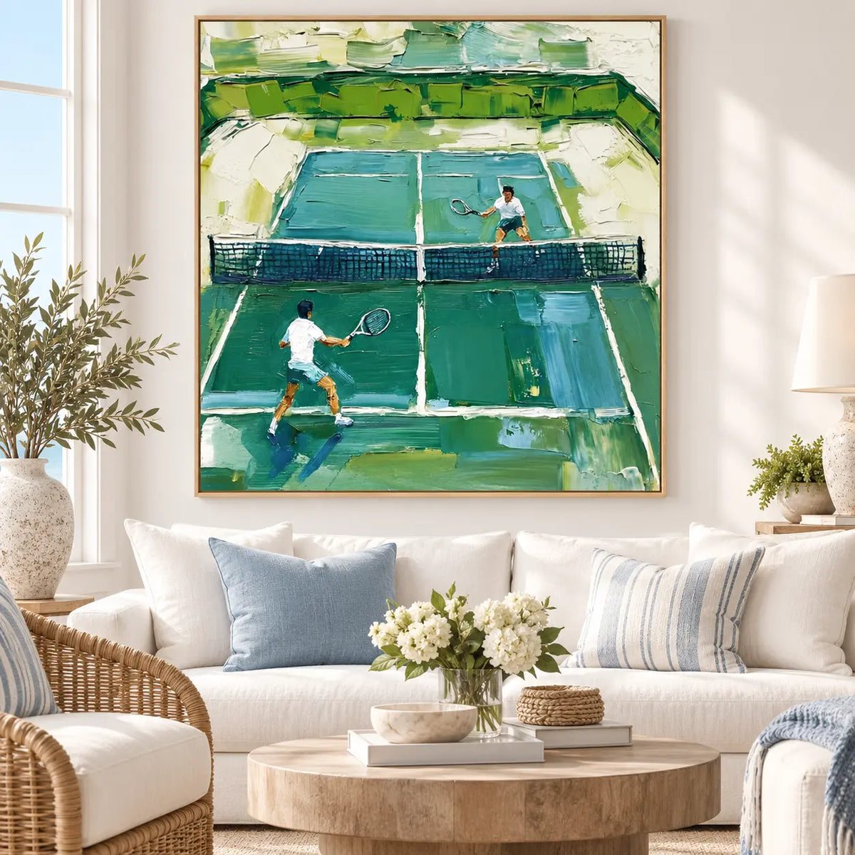 Emerald Court Rally above an ivory sofa with blue cushions and a woven lounge chair