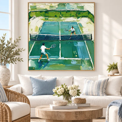 Emerald Court Rally above an ivory sofa with blue cushions and a woven lounge chair
