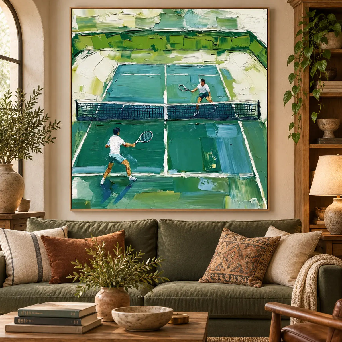 Emerald Court Rally above an olive sofa with patterned cushions beside a window
