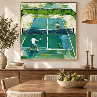 Emerald Court Rally above a dining sideboard with candles and a bowl of green fruit